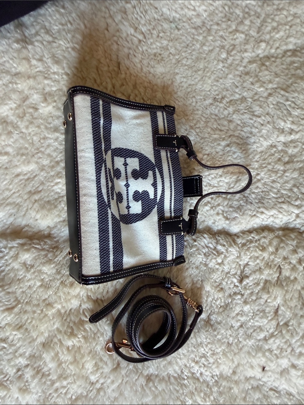 Tory Burch Navy and Cream Canvas Mini Tote with Leather Trim - Picture 10 of 11